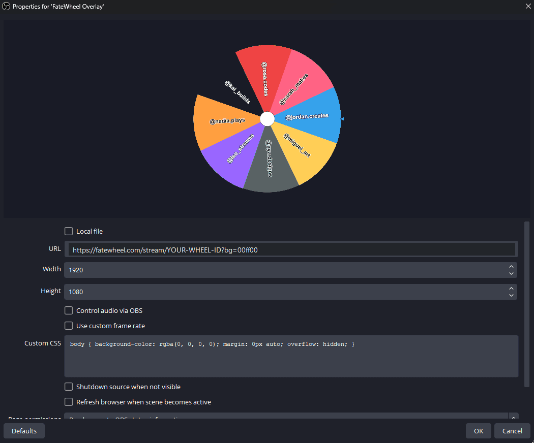 Finestra delle proprietà del Browser Source in OBS che mostra l'URL dello stream FateWheel con larghezza 1920 e altezza 1080, con un'anteprima live della ruota.