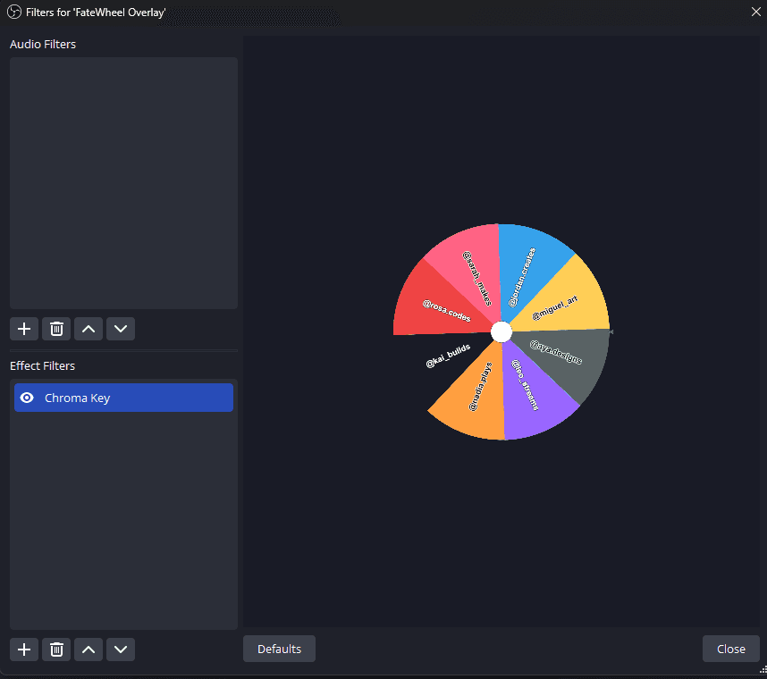 Finestra dei filtri di OBS con un filtro Chroma Key applicato al Browser Source, che rimuove lo sfondo verde nell'anteprima.